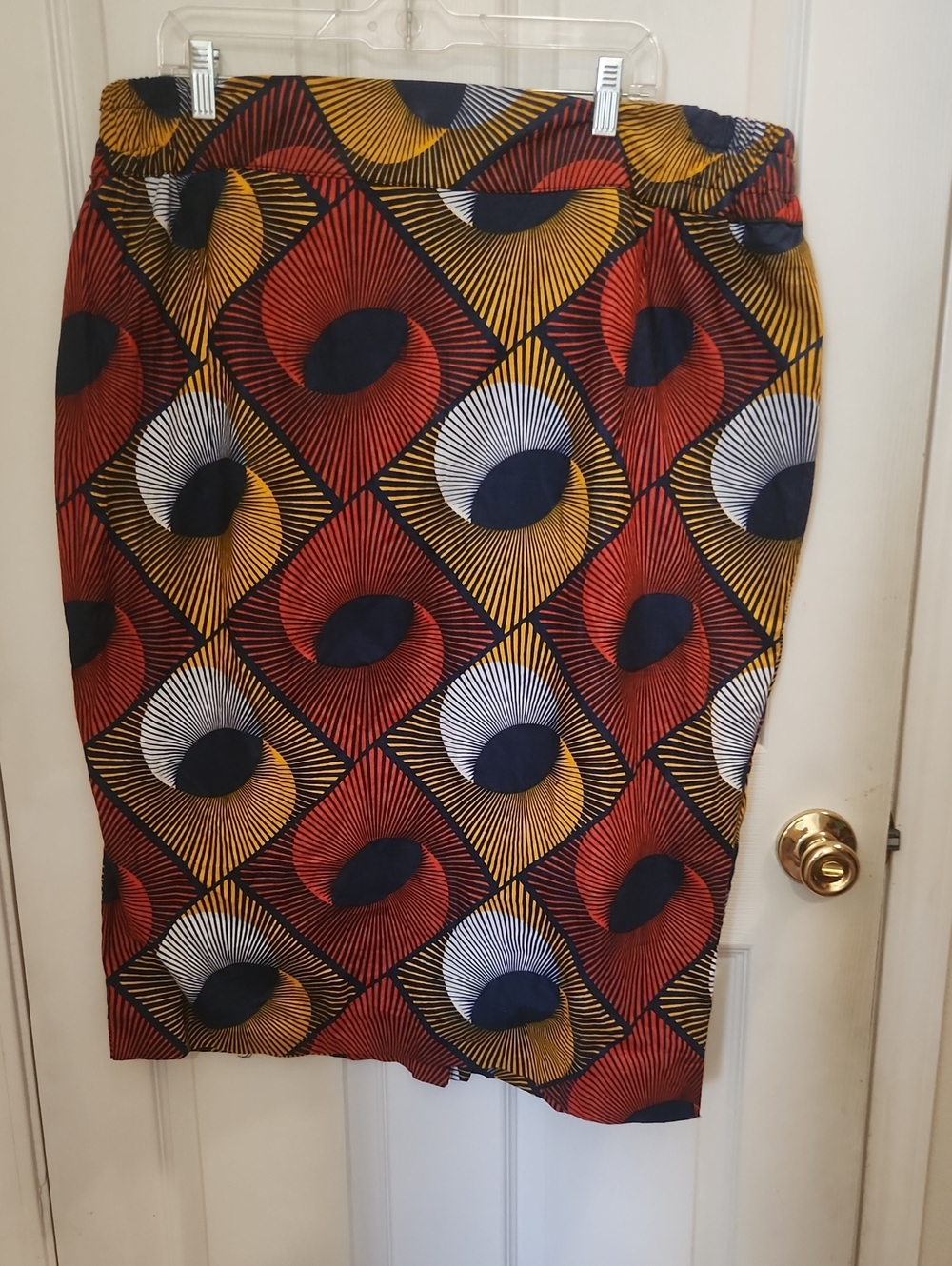 Vibrant Geometric Print Pencil Skirt - Red, Yellow & Navy